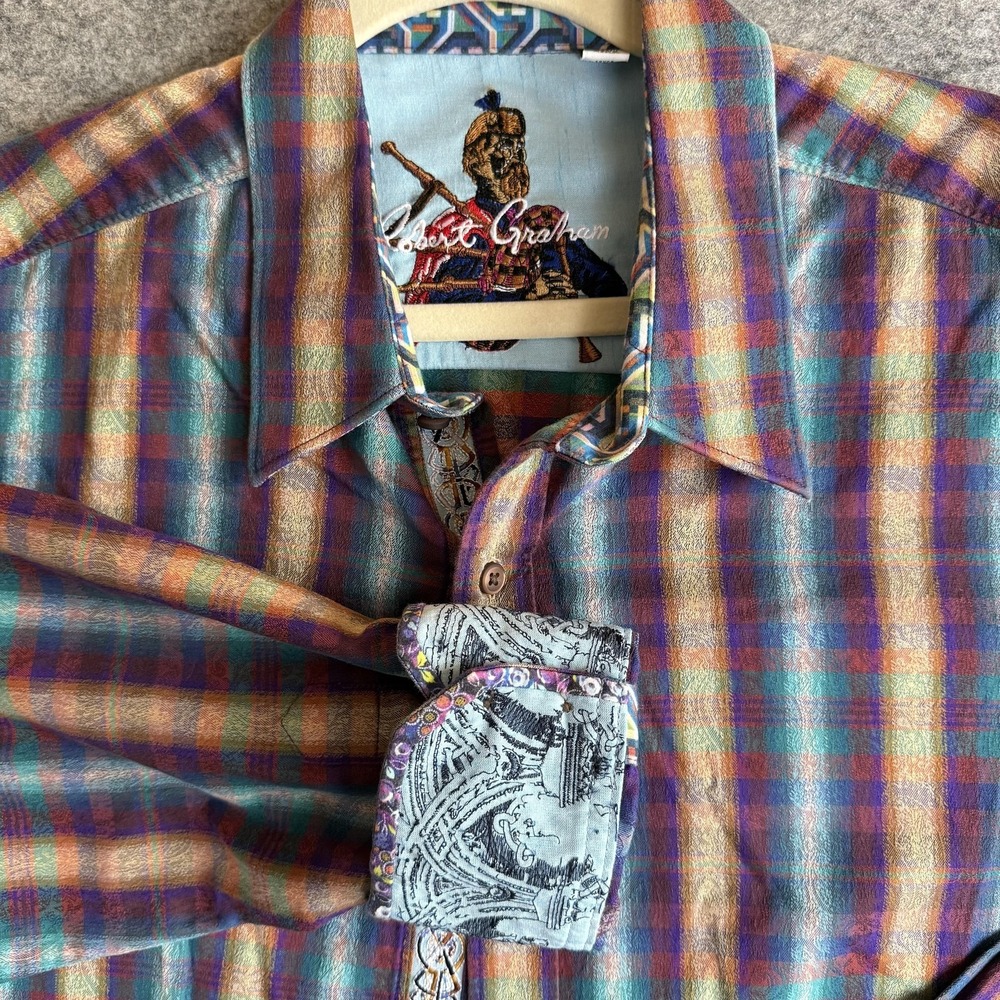 Robert Graham Shirt Mens 2XL Multicolor Plaid Long Sleeve Flip Cuff Embroidered
